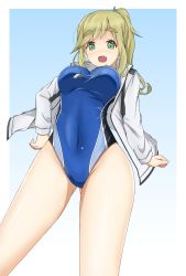 Rule 34 | 1girl, absurdres, blue one-piece swimsuit, breasts, brown hair, commentary request, competition swimsuit, covered navel, cowboy shot, fang, from below, gradient background, green eyes, highres, inuyama aoi, jacket, large breasts, long hair, multicolored clothes, multicolored swimsuit, one-piece swimsuit, open clothes, open jacket, side ponytail, skin fang, solo, standing, swept bangs, swimsuit, thick eyebrows, whistle, whistle around neck, white jacket, yasuc, yurucamp