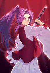 Rule 34 | &gt;:(, 1girl, cowboy shot, from side, frown, glint, high ponytail, holding, holding sword, holding weapon, japanese clothes, kaiza (rider000), katana, kimono, long hair, long sleeves, looking at viewer, looking to the side, meira (touhou), pink eyes, ponytail, purple hair, sheath, solo, sword, touhou, touhou (pc-98), unsheathing, v-shaped eyebrows, weapon, wide sleeves