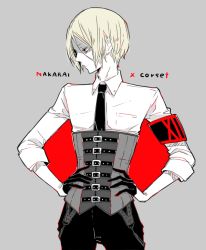 Rule 34 | 1boy, armband, awara kayu, black armband, black gloves, black necktie, black pants, blonde hair, character name, closed mouth, commentary request, corset, gloves, grey background, half gloves, hands on own hips, long sleeves, looking to the side, male focus, nakarai keijin, necktie, pale skin, pants, parted bangs, red armband, red background, shirt, short hair, simple background, solo, tokyo ghoul, tokyo ghoul:re