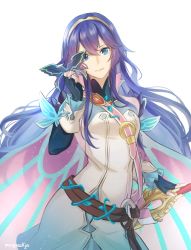 Rule 34 | 1girl, artist name, blue eyes, blue gloves, blue hair, closed mouth, fairy wings, falchion (fire emblem), fingerless gloves, fire emblem, fire emblem awakening, fire emblem heroes, gloves, highres, holding, holding mask, holding sword, holding weapon, long hair, looking at viewer, lucina (fire emblem), mask, moja (rainpoow), nintendo, official alternate costume, simple background, solo, sword, tiara, weapon, white background, wings