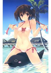 Rule 34 | 1girl, absurdres, bikini, day, front-tie bikini top, front-tie top, highres, mitsumi misato, official art, outdoors, palm tree, scan, side-tie bikini bottom, solo, swimsuit, to heart (series), to heart 2, tree, wading