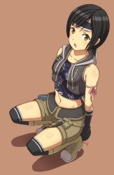 Rule 34 | 1990s (style), 1girl, bare shoulders, black hair, boots, brown eyes, cropped jacket, female focus, final fantasy, final fantasy vii, fingerless gloves, gloves, headband, highres, kneeling, looking at viewer, midriff, navel, ribbon, shorts, solo, thighhighs, vest jacket, you (maumauyo), yuffie kisaragi