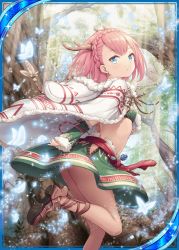 Rule 34 | 1girl, akkijin, antlers, ass, blue eyes, breasts, brown footwear, bug, butterfly, cape, card (medium), cleavage, deer antlers, forest, hand warmer, horns, insect, looking at viewer, nature, official art, pink hair, shinkai no valkyrie, shoes