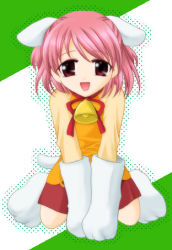 Rule 34 | 1girl, :d, animal ears, animal hands, bell, collar, dog ears, dog tail, ever 17, flat chest, halftone, halftone background, kneeling, lowres, min, neck bell, open mouth, pink hair, polka dot, rabbit ears, raglan sleeves, red eyes, ribbon, short hair, short twintails, skirt, smile, solo, tail, twintails, yagami coco