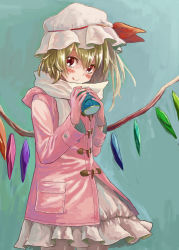 Rule 34 | 1girl, :q, alternate costume, blonde hair, blush, can, coat, female focus, flandre scarlet, gloves, hat, highres, matsutani, red eyes, scarf, short hair, side ponytail, smile, solo, embodiment of scarlet devil, tongue, tongue out, touhou, wings, wink