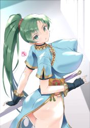 Rule 34 | 1girl, ass, bea (bropmlk), blue dress, blush, breasts, covered erect nipples, dress, fire emblem, fire emblem: the blazing blade, from behind, green eyes, green hair, highres, huge breasts, large breasts, legs, looking at viewer, looking back, lyn (fire emblem), lyndis (fire emblem), nintendo, open mouth, ponytail, short sleeves, sketch, solo
