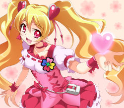 Rule 34 | 00s, 1girl, :d, blonde hair, bow, brooch, choker, cure peach, dress, earrings, eyelashes, fresh precure!, hair ornament, hairpin, happy, heart, heart hair ornament, jewelry, long hair, magical girl, momozono love, open mouth, pink bow, precure, red eyes, ribbon, smile, solo, twintails, violetshit, wrist cuffs