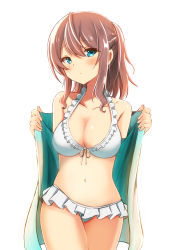 Rule 34 | 1girl, absurdres, bare shoulders, bikini, blush, braid, breasts, brown hair, cleavage, closed mouth, collarbone, commentary request, cowboy shot, frilled bikini, frills, front-tie top, green eyes, green jacket, hair between eyes, highres, jacket, long hair, looking at viewer, medium breasts, navel, off shoulder, one side up, open clothes, open jacket, original, shibakame, simple background, solo, swimsuit, white background, white bikini