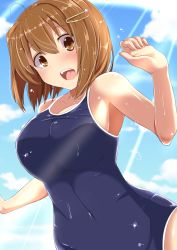 Rule 34 | 1girl, blush, breasts, brown eyes, brown hair, competition school swimsuit, highres, kichihachi, large breasts, looking at viewer, nakahara-kun no kahogo na imouto, nakahara maria, one-piece swimsuit, open mouth, school swimsuit, short hair, solo, swimsuit