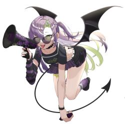 1girl amanogawa_neru bat_wings black_collar black_wings bow collar crop_top demon_tail detached_sleeves full_body green_bow green_eyes green_hair highres holding horn_bow horn_ornament horns long_hair looking_at_viewer mera_(menhera_ilili) multicolored_hair open_mouth purple_hair re-ply single_horn skirt solo speaker sunglasses tail teeth tongue tongue_out two-tone_hair virtual_youtuber white_background wings