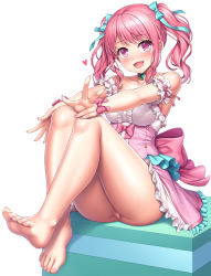 Rule 34 | 1girl, ass, bang dream!, bare shoulders, barefoot, blush, breasts, cleft of venus, feet, frills, lambda (kusowarota), looking at viewer, maruyama aya, medium breasts, no panties, open mouth, pink eyes, pink hair, pussy, sitting, smile, soles, solo, toes, twintails, uncensored