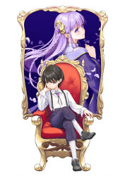 Rule 34 | &gt;:), 1boy, 1girl, althea eisenhood, black footwear, black hair, black pants, bolo tie, braid, brooch, closed mouth, collared shirt, commentary request, crossed legs, dress shirt, hair between eyes, hair ornament, jewelry, kaltz (yagate kuromaku), loafers, long hair, long sleeves, ne-on, off shoulder, official art, pants, petals, puffy pants, purple eyes, purple hair, purple robe, robe, shirt, shoes, simple background, sitting, smile, suspenders, throne, v-shaped eyebrows, very long hair, white background, white shirt, wide sleeves, yagate kuromaku eto itaru saitekikai