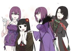 Rule 34 | 1boy, 3girls, arms behind back, bare shoulders, black coat, black eyes, black hair, black kimono, black shirt, blunt bangs, blush, braid, braided ponytail, breasts, choker, cleavage, closed eyes, coat, collarbone, cup, detached collar, dress, eyeliner, fate/grand order, fate (series), feather trim, flower, food, glasses, hair between eyes, hair flower, hair ornament, hair scrunchie, ice cream, japanese clothes, jewelry, kimono, kino kokko, komahime (fate), large breasts, long hair, long sleeves, looking at another, looking at viewer, looking to the side, makeup, multiple girls, obi, open mouth, pants, pantyhose, pendant, ponytail, purple dress, purple hair, purple pantyhose, red eyes, sash, scathach (fate), scathach skadi (fate), scathach skadi (swimsuit ruler) (fate), scathach skadi (swimsuit ruler) (second ascension) (fate), scrunchie, shirt, small breasts, sweater, sweater dress, tai gong wang (fate), thighs, tiara, very long hair, white pants, wide sleeves