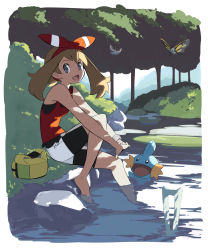 Rule 34 | 1girl, :d, bag, bare arms, bare legs, bare shoulders, barefoot, beautifly, bike shorts, black shorts, blue eyes, border, brown hair, commentary request, creatures (company), day, from side, game freak, gen 3 pokemon, hair ribbon, hairband, highres, knee up, long hair, looking at viewer, looking to the side, masquerain, may (pokemon), md5 mismatch, mega pokemon, mega ring, mudkip, nintendo, on grass, on ground, open mouth, outdoors, own hands together, pokemon, pokemon (creature), pokemon oras, red hairband, red ribbon, red tank top, resolution mismatch, ribbon, river, rock, sakuraidai, shorts, shorts under shorts, sitting, sleeveless, smile, soaking feet, source larger, stretching, sunlight, tank top, tree, unworn bag, white border, white shorts