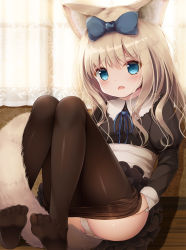 Rule 34 | 1girl, animal ear fluff, animal ears, ass, black dress, black leotard, blue eyes, blush, bow, brown hair, clothes pull, curtains, dog ears, dog tail, dress, feet, hair bow, highres, knees up, legs, leotard, long hair, on floor, original, panties, pantyhose, pantyhose pull, psyche3313, pulled by self, ribbon, see-through, short dress, sitting, soles, solo, tail, thighs, toes, underwear, undressing, wavy mouth, white panties, window