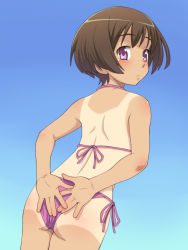 Rule 34 | 1girl, ass, bikini, brown hair, covering privates, covering ass, cowboy shot, from behind, meow (nekodenki), one-piece tan, original, purple eyes, short hair, solo, swimsuit, tan, tanline