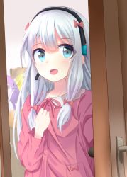 Rule 34 | 10s, 1girl, :d, amasajithira, bed, bedroom, blue eyes, bow, chair, commentary, door, doorknob, doorway, eromanga sensei, hair bow, hair ribbon, hand on own chest, hand up, headset, highres, indoors, izumi sagiri, long hair, long sleeves, looking at viewer, open mouth, opening door, pajamas, pink bow, pink pajamas, pov doorway, ribbon, silver hair, smile, solo, stuffed animal, stuffed toy, tareme, tress ribbon, upper body