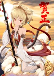 Rule 34 | 10s, 1girl, above clouds, andira (granblue fantasy), animal ears, antenna hair, bare shoulders, barefoot, blonde hair, blurry, breasts, chestnut mouth, choker, cloud, depth of field, detached pants, detached sleeves, erune, feet, flying nimbus, granblue fantasy, hair between eyes, hairband, kannazuki genshi, looking at viewer, monkey ears, monkey girl, monkey tail, red eyes, short hair, sitting, small breasts, solo, staff, tail, thighhighs, thighs, toes
