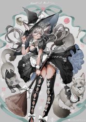 Rule 34 | 1girl, absurdres, animal, animal ears, black dress, bow, broom, cat, cat ears, cat tail, deadprince, dress, grey hair, hat, highres, lace, long hair, original, tail, witch, witch hat