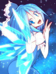 Rule 34 | 1girl, blue dress, blue eyes, blue hair, bow, cirno, dress, fang, hair bow, ice, ice wings, kuresento, matching hair/eyes, open mouth, puffy short sleeves, puffy sleeves, shirt, short sleeves, smile, solo, sparkle, touhou, wings