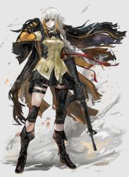 Rule 34 | 1girl, assault rifle, boots, braid, collared shirt, eyepatch, full body, girls&#039; frontline, gloves, gun, highres, holding, holding gun, holding weapon, knee pads, long hair, long sleeves, looking at viewer, m16, m16a1, m16a1 (boss) (girls&#039; frontline), m16a1 (girls&#039; frontline), multicolored hair, nslacka, pleated skirt, pouch, rifle, scar, scar on face, shirt, single braid, skirt, solo, streaked hair, thigh pouch, weapon, white hair, yellow eyes