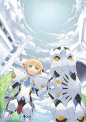 Rule 34 | 1boy, androgynous, armor, blonde hair, blue eyes, bush, cannon, castle, chung seiker, cloud, cloudy sky, elsword, from below, gauntlets, guardian (elsword), jpeg artifacts, male focus, shironekojr, shoulder armor, sky, solo, spikes