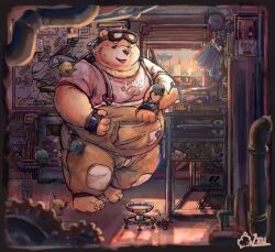 Rule 34 | 1boy, animal ears, bara, barefoot, bear boy, bear ears, belly, black eyes, fat, fat man, fingerless gloves, full body, furry, furry male, gloves, goggles, goggles on head, highres, male focus, mechanic, non-humanoid robot, obese, open mouth, original, overalls, robot, shirt, solo, sunset, thick arms, thick thighs, thighs, tudou (yuyuitudou), white fur, white shirt, workshop, yuyuya