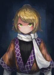 Rule 34 | 1girl, :/, arm warmers, arms at sides, black shirt, blonde hair, blue background, blush, brown shirt, expressionless, fjsmu, gradient background, green eyes, hair bun, highres, looking at viewer, mizuhashi parsee, pointy ears, sash, scarf, shaded face, shirt, shirt under shirt, short hair, short sleeves, simple background, single hair bun, slit pupils, solo, swept bangs, touhou, white scarf