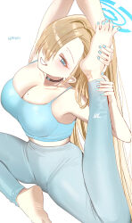 Rule 34 | 1girl, asuna (blue archive), bare shoulders, barefoot, blue archive, blue eyes, breasts, cleavage, haruri, highres, large breasts, light brown hair, mole, mole on breast, nail polish, simple background, smile, solo, toenail polish, toenails