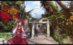 Rule 34 | 1girl, autumn, bad id, bad pixiv id, bow, broom, brown hair, day, detached sleeves, closed eyes, female focus, hair bow, hakurei reimu, highres, japanese clothes, letterboxed, long hair, matsura ichirou, miko, outdoors, rope, shimenawa, shrine, solo, torii, touhou, tree, wallpaper, wavy mouth, yawning