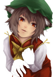 Rule 34 | 1girl, animal ears, bad id, bad pixiv id, brown hair, chen, face, female focus, hat, incomplete, kirieppa, open mouth, red eyes, short hair, simple background, solo, touhou, white background