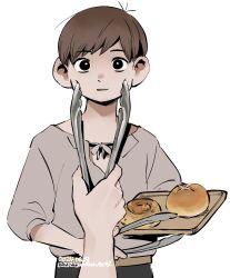 Rule 34 | 1boy, black eyes, bread, brown hair, chilchuck tims, chinese commentary, dated, dungeon meshi, food, halfling, highres, holding, holding tongs, holding tray, meme, pinching, pov, pov cheek grabbing (meme), pov hands, shirt, short hair, simple background, squeezing cheeks, surprised, tmr0621, tongs, tray, white background, wide-eyed