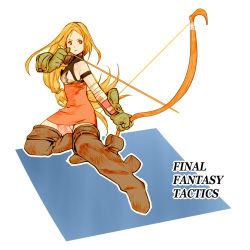Rule 34 | 1girl, archer (fft), arrow (projectile), bad id, bad pixiv id, blonde hair, blush, boots, bow (weapon), drawing bow, dress, final fantasy, final fantasy tactics, gloves, haru (calipur), highres, holding bow (weapon), long hair, panties, solo, thigh boots, thighhighs, underwear, weapon, yellow eyes