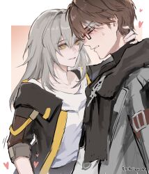 Rule 34 | 1boy, 1girl, absurdres, black-framed eyewear, black jacket, black scarf, blush, border, brown hair, chinese commentary, coat, collarbone, colored tips, commentary, glasses, grey coat, grey hair, hand on another&#039;s neck, heads together, heart, highres, honkai: star rail, honkai (series), hood, hood down, hooded jacket, implied handjob, jacket, long hair, looking at another, looking down, motion lines, multicolored hair, outside border, profile, scarf, shirt, short hair, shuofei crescent, signature, sleeves rolled up, stelle (honkai: star rail), sweat, trailblazer (honkai: star rail), welt yang, white border, white shirt, yellow eyes