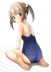Rule 34 | 1girl, :o, ass, bare shoulders, barefoot, blue one-piece swimsuit, blush, commentary request, from behind, green eyes, hands on floor, highres, light brown hair, looking at viewer, new school swimsuit, one-piece swimsuit, origami, original, ponytail, school swimsuit, shibacha, short hair, short twintails, simple background, sitting, solo, swimsuit, twintails, wariza, white background