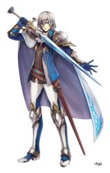 1boy arm_guards armor ascot blue_eyes blue_gloves blue_jacket cloak closed_mouth collared_jacket commentary_request copyright_notice full_body gane_(ta_ga_tame_no_alchemist) gloves greaves grey_hair hair_behind_ear hair_between_eyes holding holding_sword holding_weapon jacket male_focus official_art pants poleyn sabaton shoulder_armor simple_background solo standing sword ta_ga_tame_no_alchemist third-party_source transparent_background weapon white_ascot white_cloak white_pants