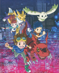 Rule 34 | absurdres, blue hair, brown hair, child, city, closed mouth, denim, digimon, digimon (creature), digimon tamers, fangs, flying, furry, furry female, goggles, goggles on head, green footwear, guilmon, highres, jeans, li jianliang, makino ruki, matsuda takato, multiple boys, non-web source, official art, open mouth, pants, purple hair, renamon, running, scan, smile, teeth, terriermon, toei animation, upper teeth only