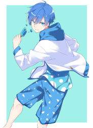 Rule 34 | 1boy, blood, blue background, blue blood, blue eyes, blue hair, blue shirt, food, hood, hood down, jacket, kaito (vocaloid), kiya machi, looking at viewer, male focus, popsicle, shirt, simple background, standing, vocaloid, white jacket