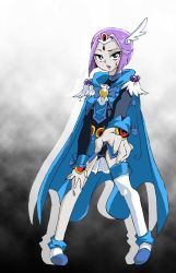 Rule 34 | 1girl, blue eyes, breasts, cape, cartoon network, colored skin, commentary request, cosplay, dc comics, forehead jewel, grey skin, highres, onnaski, precure, purple hair, raven (dc), short hair, smile precure!, solo, teen titans, thighhighs