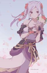 Rule 34 | 1girl, 343rone, absurdres, bare shoulders, bouquet, brown eyes, closed mouth, dress, facing viewer, falling petals, fire emblem, fire emblem awakening, fire emblem heroes, flower, grey hair, hair flower, hair ornament, highres, holding, holding bouquet, long hair, looking to the side, nintendo, official alternate costume, petals, robin (female) (fire emblem), robin (female) (valentine) (fire emblem), robin (fire emblem), smile, solo, twintails, twitter username, upper body, white dress
