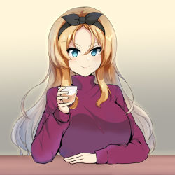 Rule 34 | 1girl, albion ins, black hairband, blonde hair, blue eyes, breast rest, breasts, commentary request, cup, hair between eyes, hairband, highres, holding, holding cup, kantai collection, large breasts, long hair, long sleeves, looking at viewer, nelson (kancolle), official alternate costume, red sweater, sidelocks, simple background, sitting, smile, solo, sweater, turtleneck, turtleneck sweater, very long hair