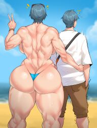Rule 34 | 1boy, 1girl, absurdres, ass, backboob, blue hair, breasts, butt crack, curvy, highres, huge ass, huge breasts, muscular, muscular female, natedecock, short hair, standing, sweat, tagme, thick thighs, thighs, topless, wide hips