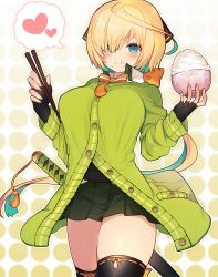 Rule 34 | 1girl, aqua eyes, aqua hair, black thighhighs, blonde hair, bow, bowl, bowtie, cardigan, chewing, chopsticks, commentary request, fingerless gloves, food, food on face, gloves, green cardigan, green skirt, hair bow, heart, holding, holding bowl, holding chopsticks, inaba gou (tenka hyakken), kirie nozomi, long hair, low ponytail, multicolored hair, polka dot, polka dot background, rice bowl, sheath, sheathed, shirt, skirt, solo, spoken heart, swept bangs, tachi (weapon), tassel, tenka hyakken, thighhighs, two-tone hair, white shirt, wing collar, yellow bow, yellow bowtie