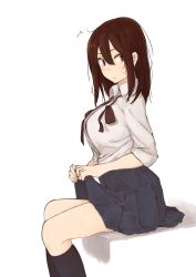 Rule 34 | 1girl, ^^^, ahoge, black socks, blue skirt, blush, breasts, brown eyes, brown hair, clothes lift, from side, frown, grey shirt, hair between eyes, highres, kneehighs, large breasts, long hair, looking to the side, original, pleated skirt, ribbon, rucchiifu, shirt, simple background, sitting, skirt, skirt lift, sleeves rolled up, socks, solo, sweat, white background