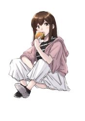 Rule 34 | 1girl, akagi (kancolle), black shirt, brown eyes, brown hair, brown jacket, burger, eating, food, highres, hood, hooded jacket, hoodie, jacket, kantai collection, ld (luna dial398), long hair, looking at viewer, official alternate costume, one-hour drawing challenge, open mouth, panties, pantyshot, pleated skirt, shirt, sitting, skirt, solo, straight hair, striped clothes, striped shirt, underwear, white panties, white skirt