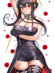 Rule 34 | 1girl, arm under breasts, bed sheet, black dress, black gloves, black hair, black thighhighs, blush, breasts, closed mouth, dagger, dakimakura (medium), dress, earrings, expressionless, floral print, flower, from above, gloves, gold earrings, hair ornament, holding, holding dagger, holding knife, holding weapon, jewelry, knife, large breasts, lips, looking at viewer, lying, on back, petals, red eyes, red flower, red lips, red rose, rose, rose petals, rose print, sidelocks, skindentation, solo, spikes, spy x family, stiletto (weapon), taut clothes, taut dress, thighhighs, two-sided dress, two-sided fabric, weapon, yor briar, yuj (moemarket), zettai ryouiki
