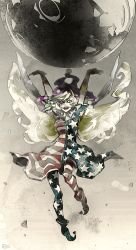 Rule 34 | 1girl, aged up, american flag dress, american flag legwear, arlmuffin, arms up, bad id, bad pixiv id, blonde hair, clownpiece, dress, fairy wings, hat, jester cap, long hair, makeup, moon, neck ruff, o/, open mouth, outstretched arms, pointy footwear, purple hat, red eyes, sharp teeth, shoes, short sleeves, simple background, solo, teeth, touhou, wings