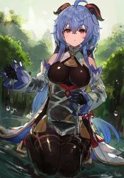 Rule 34 | 1girl, :o, ahoge, bare shoulders, bell, black pantyhose, blue hair, blush, breasts, detached sleeves, full body, ganyu (genshin impact), genshin impact, gold trim, highres, horns, long hair, looking at viewer, medium breasts, neck bell, outdoors, pantyhose, purple eyes, see-through, seiza, sidelocks, sitting, solo, tassel, the olphy, thighlet, tree, wet, wet clothes, white sleeves
