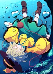 Rule 34 | 1girl, bow, bubble, closed eyes, dise (psychoro), frills, hat, hat bow, heart, heart of string, solo, third eye, touhou, underwater, white hair, wide sleeves