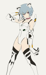 Rule 34 | 1girl, adapted costume, alternate costume, animal ears, arm at side, arm up, artist request, ayanami rei, bad id, bad pixiv id, bare shoulders, black thighhighs, blue hair, breasts, cat ears, cat tail, choker, cleavage, closed mouth, collar, dragoooon, elbow gloves, expressionless, fake animal ears, fake tail, flat color, from side, full body, gloves, grey background, groin, hair between eyes, head tilt, highleg, highleg leotard, highres, kemonomimi mode, legs apart, leotard, looking at viewer, narrow waist, neon genesis evangelion, pilot suit, plugsuit, purple eyes, red eyes, short hair, simple background, small breasts, solo, standing, super plugsuit, tail, thighhighs, white gloves, white leotard, white thighhighs
